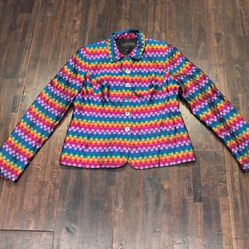 Nina‎ McLemore 100% Silk Blazer Jacket Womens 4 Bold Rainbow Checked Retro USA